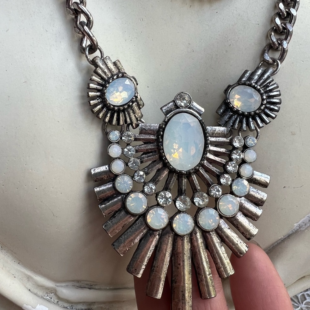 Silvertone Statement Necklace With Opalescent Acc… - image 3
